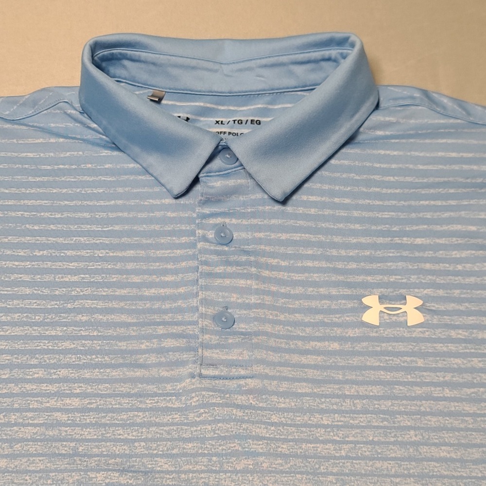Under‎ Armour Playoff Polo Mens XL Blue White Striped Golf Shirt Short Sleeve